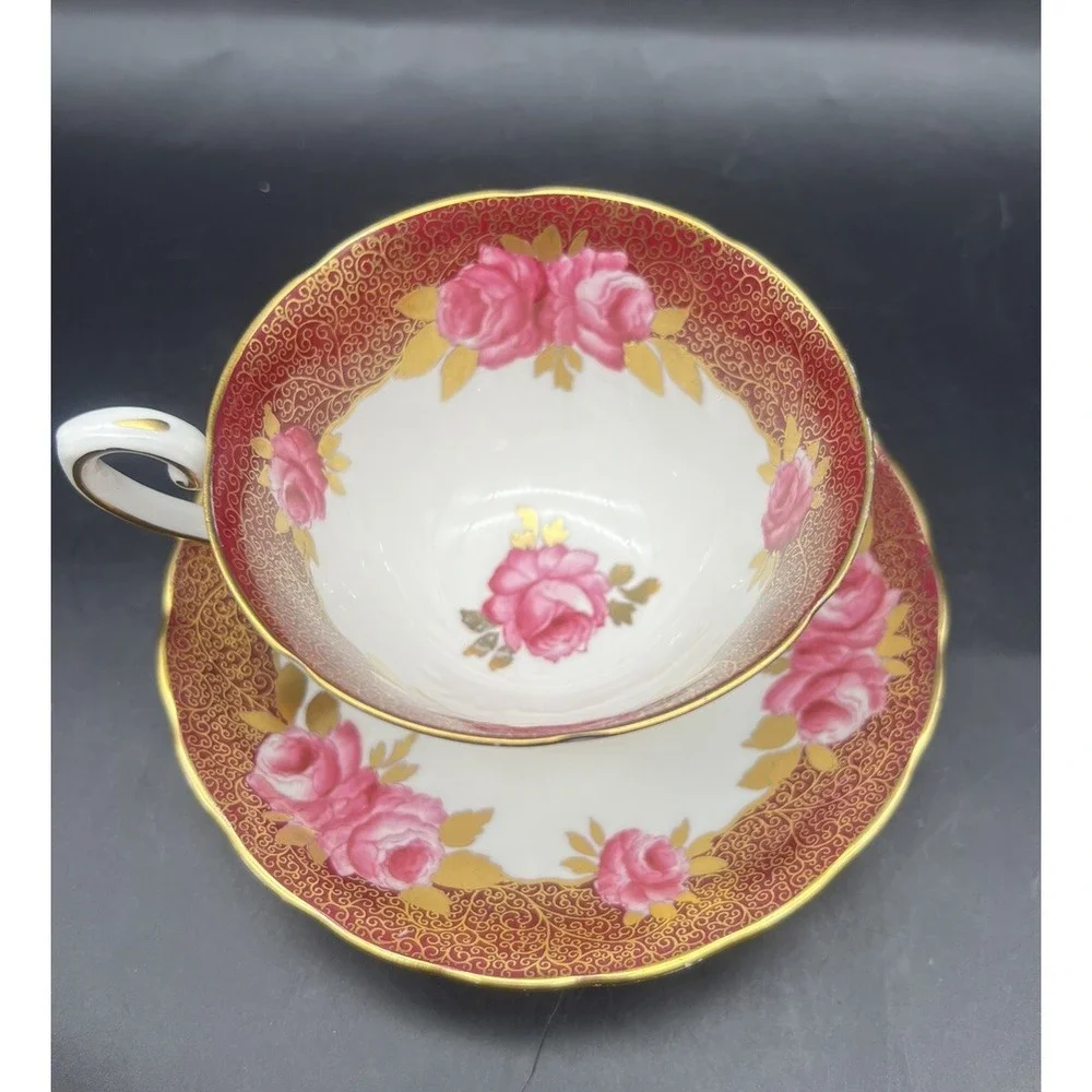 Vintage TUSCAN Pink & Gold Cabbage Roses Hand Painted Teacup Saucer Plate Set